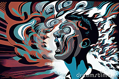 illustration of person with schizophrenia, experiencing auditory and visual hallucinations Cartoon Illustration