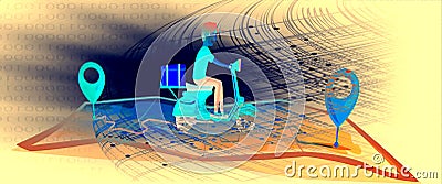 Illustration of a person on a scooter on a map with a streaming binary code in the background Cartoon Illustration