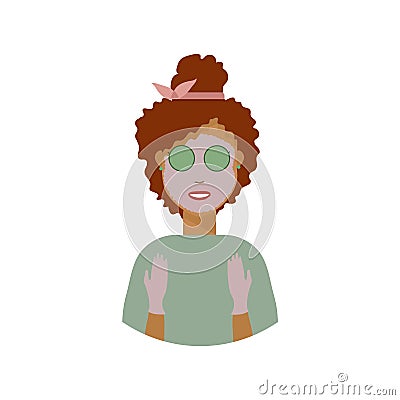 Illustration, personal care, young woman with a moisturizing face mask and gloves on her hands, uses natural cosmetics Vector Illustration