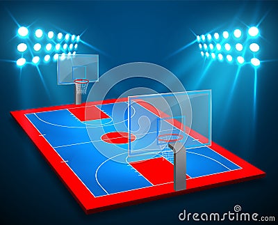 An illustration of perspective Basketball arena field with bright stadium lights design. Vector EPS 10. Room for copy Vector Illustration