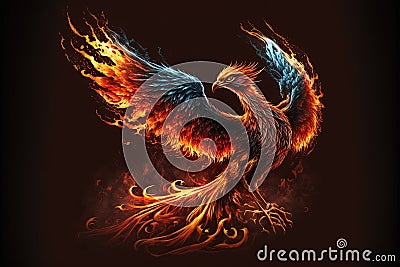 Illustration of a phoenix in fire. Symbol of rebirth. Fenix with burning wings and feathers. Generative AI Stock Photo