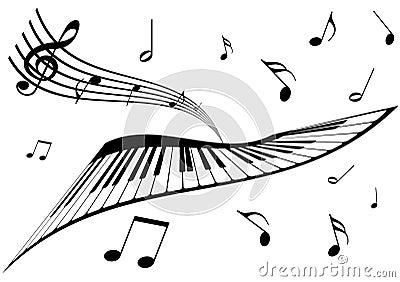 Illustration of a piano, a stave and music notes Vector Illustration