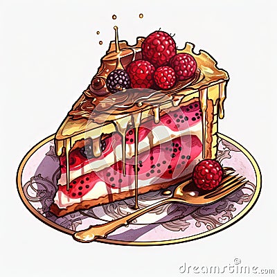 Illustration of a piece of cake with raspberries and blackberries Cartoon Illustration