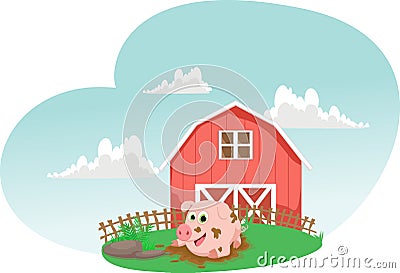 Illustration of pig play in a mud puddle. Farm life Vector Illustration