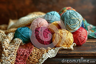 A pile of colorful yarn balls on top and an old crocheted blanket with lace edges in the background, on a wooden wall with a Cartoon Illustration