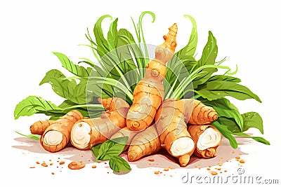 A illustration with pile of fresh turmeric or ginger roots in front of a green grass patch on a white background Cartoon Illustration