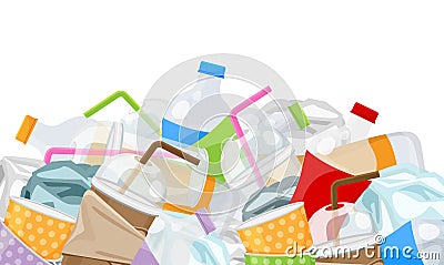 Pile garbage waste plastic and paper many isolated on white background, bottles plastic garbage waste many, stack Vector Illustration