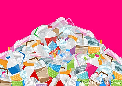 Pile garbage waste plastic and paper in mountain shape isolated pink background, bottles plastic garbage waste Vector Illustration