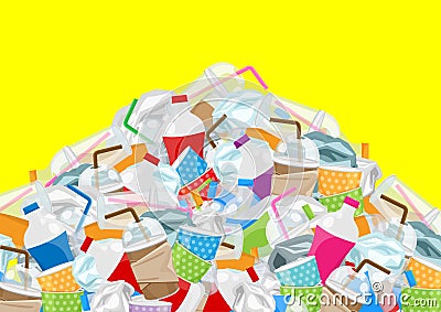 Pile garbage waste plastic and paper in mountain shape isolated yellow background, bottles plastic garbage waste Vector Illustration