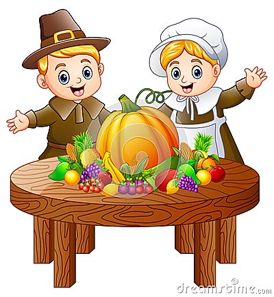 Pilgrim couple with fruits and vegetables on round wooden table Vector Illustration