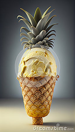 Illustration of pineapple ice cream with pineapple pieces in a waffle cone. The concept of natural sweets. A popular summer Stock Photo