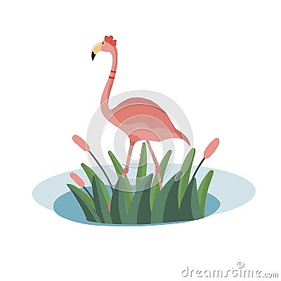 Illustration of pink flamingo standing on puddle and flower grass Stock Photo