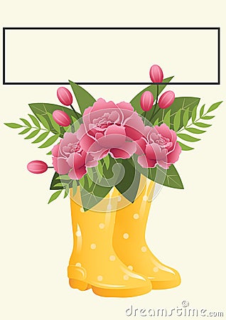 Illustration of pink flowers in yellow wellington boots, frame with copy space on cream background Stock Photo