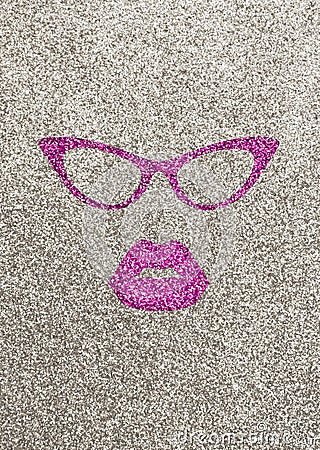 Illustration of pink lips and glasses on silver glittery background. Stock Photo