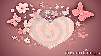 Illustration of pink template copy space heart or love shape and flower, and butterfly ornament design element background. Stock Photo