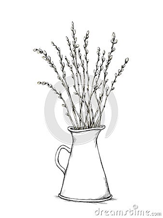 Pitcher with pussy willow branches Stock Photo