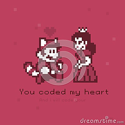 Illustration of a pixel style Princess and a man with a tail. The inscription I coded your heart. Vector Illustration