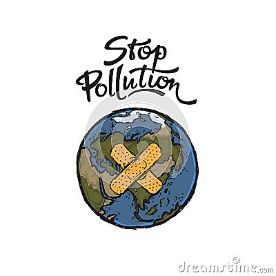 Illustration of Planet Earth and Stop Pollution Lettering Vector Illustration