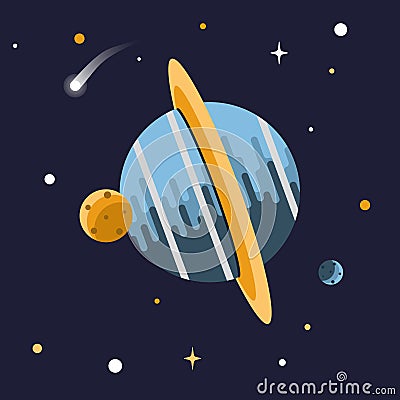 Illustration of a planet and moons in space with shining stars Stock Photo