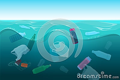 Illustration of plastic pollution in the sea Vector Illustration