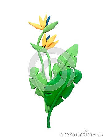 3d illustration, plasticine sculpture. tropical bouquet of birds of paradise flowers and banana leaves. Cartoon Illustration