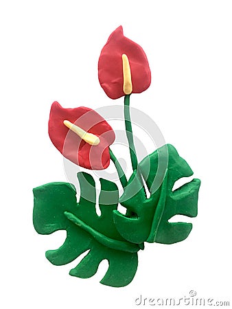 3d illustration, plasticine sculpture. tropical bouquet of monstera flowers and leaves. Cartoon Illustration