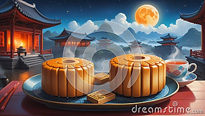 Illustration of a plate of mooncakes placed next to a set of white porcelain tea cup. Generative Ai. Stock Photo Stock Photo