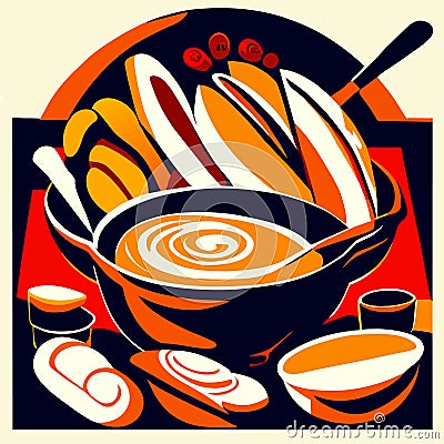 Illustration of a plate of soup with bread and cream. Vector Generative AI Stock Photo