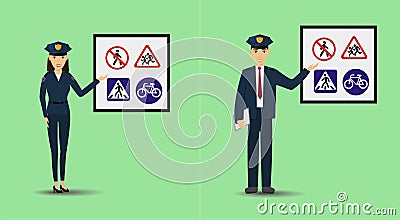 Illustration of a policeman and policewoman showing signage. Police people teaching road signs. Vector Illustration