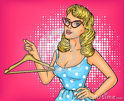 illustration pop art girl with hanger Cartoon Illustration