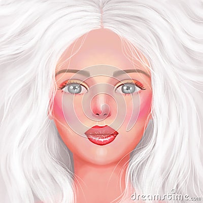 Illustration portrait of a beautiful attractive blonde girl. White hair, makeup. Stock Photo