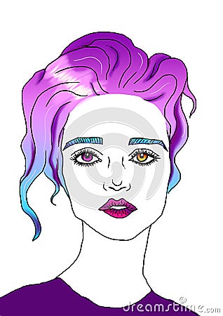 Illustration portrait of a beautiful girl with purple hair Stock Photo