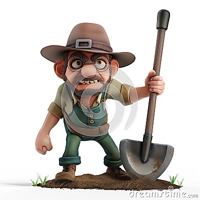 Illustration portrait of Grave digger carrying shovel in the 3d style cartoon Stock Photo