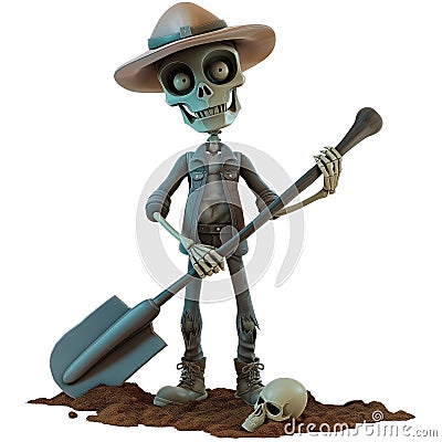 Illustration portrait of Grave digger carrying shovel in the 3d style cartoon Stock Photo