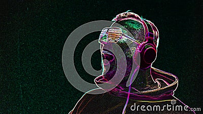 Illustration portrait of a man in headphones with a beautiful smile, neon happy man in headphones listens to music and in club Stock Photo