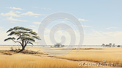 Realistic Marine Painting Of A Lone Tree In Ndebele-inspired Grassland Cartoon Illustration