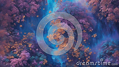 The illustration portrays a captivating forest scene, where an array of colorful trees stand tall. Cartoon Illustration
