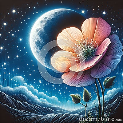 Moon cradle: songs of the night flower Cartoon Illustration