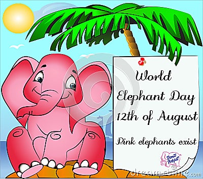 Illustration postcard banner August 12 World Elephant Day Vector Illustration