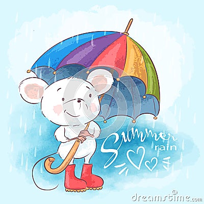 Illustration postcard cute cartoon mouse with umbrella Stock Photo