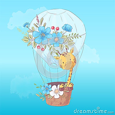 Illustration postcard or fetish for a children`s room - cute giraffe in a balloon, vector illustration in cartoon style Vector Illustration