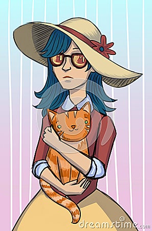 Fashion illustration for postcard in hat with cat Stock Photo