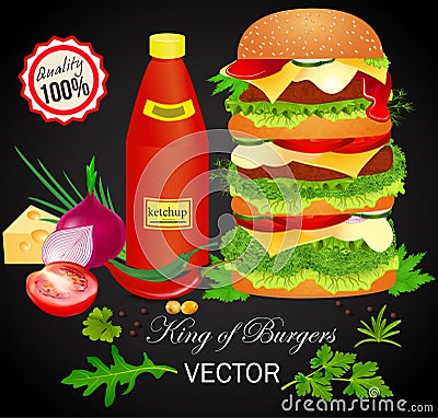 poster king among burgers with ingredients salad leaves, cucumbers, tomatoes, cutlets and a sesame bun Vector Illustration