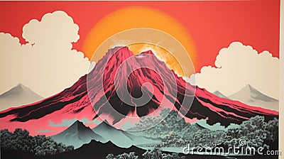 Colorful Volcano Poster Inspired By 1970s Screen Printing Cartoon Illustration