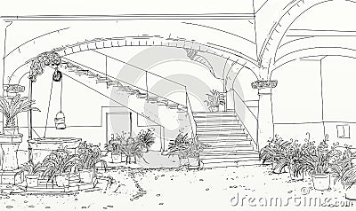 Detail of entrance of a courtyard of houses with arches and plants Cartoon Illustration