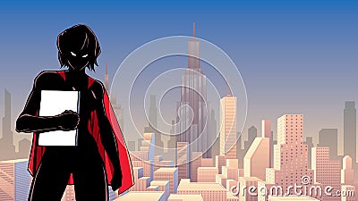 Superheroine Holding Book in City Silhouette Vector Illustration