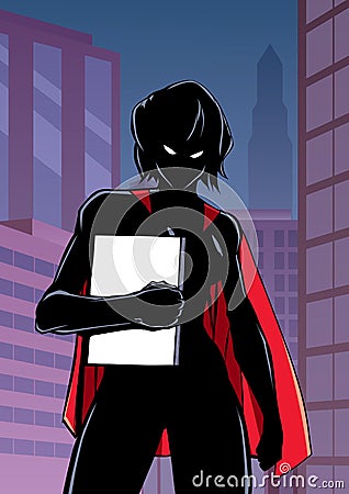 Superheroine Holding Book in City Vertical Silhouette Vector Illustration