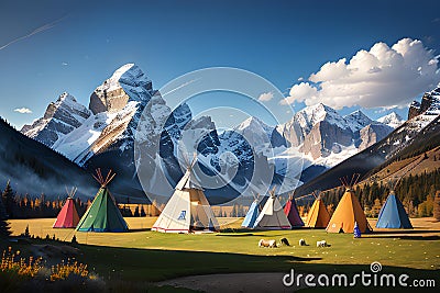 Illustration of prairie with native american wigwam camp Stock Photo