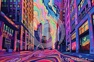 Psychedelic Urban Dreamscape: Vibrant City Street with Melting Sky and Swirling Road Cartoon Illustration