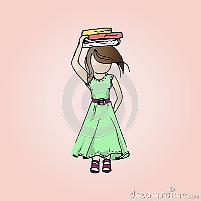 Illustration pretty modest girl with books. Student girl on vacation. Vector Illustration